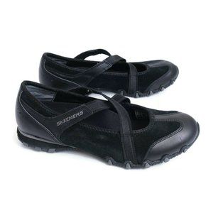 Skechers Womens Biker Shoes Mary Jane Slip On Sneakers Black Leather Suede 7.5